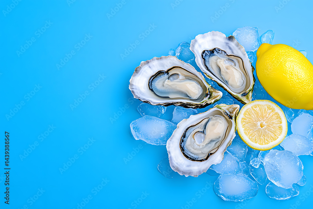 Oyster with lemons and ice on blue background
