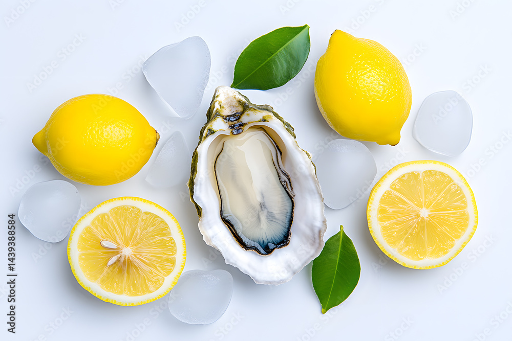 Oyster with lemons and ice on blue background