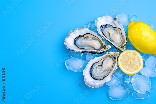 Obraz na płótnie Oyster with lemons and ice on blue background w salonie
