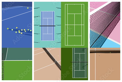 Tennis Courts. Close-up of Tennis court lines view. Concept in flat style. High-angle view of Tennis court dividing lines on colorful abstract background.