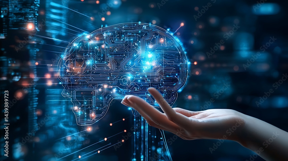 Fototapeta premium Futuristic Hand Reaching Towards Digital Brain with Circuit Patterns and Glowing Lights