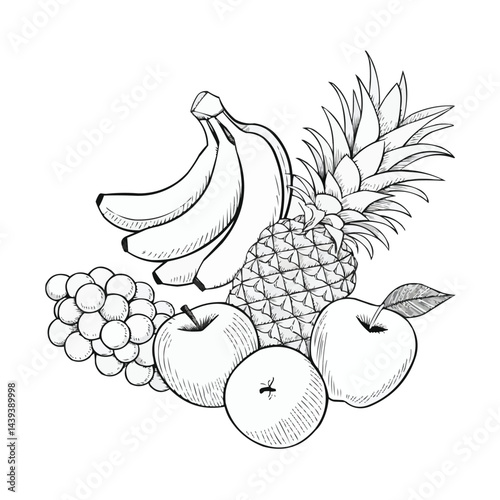 Mixed Tropical and Temperate Fruits: Grapes, Apples, Pineapples Line Art