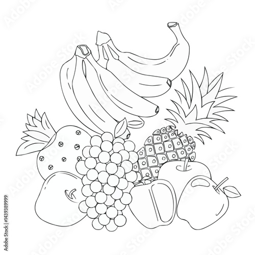Mixed Tropical and Temperate Fruits: Grapes, Apples, Pineapples Line Art