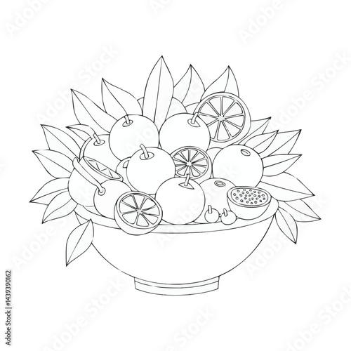 Tropical Citrus Assortment: Tangerines, Mandarins, Kiwis in Line Art