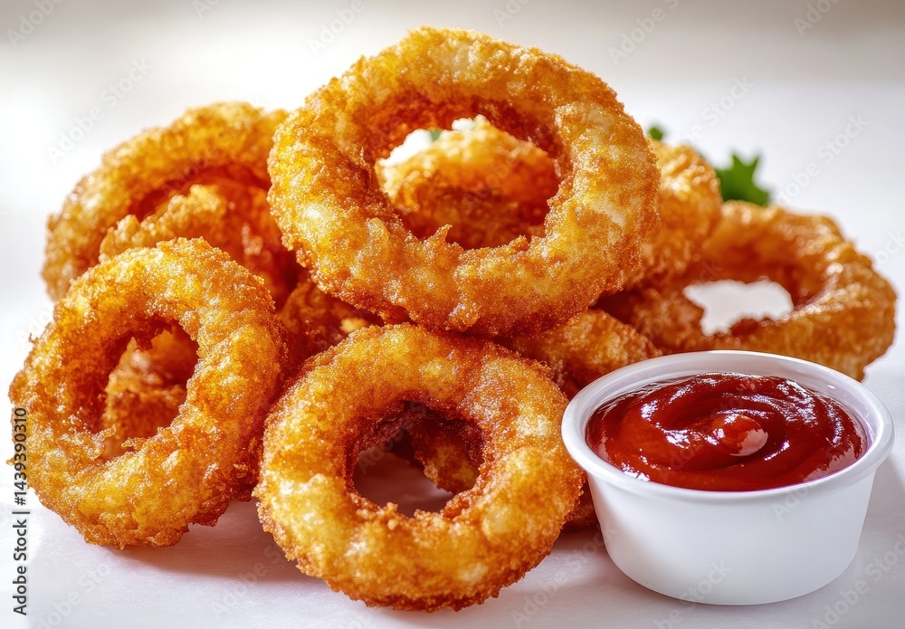 Crispy Golden Onion Rings Served with Tangy Ketchup on a Light Background Perfect for Delicious Snack or Appetizer Imagery Crispy Golden Onion Rings Served with Tangy Ketchup on a Light Background Perfect for Delicious Snack or Appetizer Imagery
