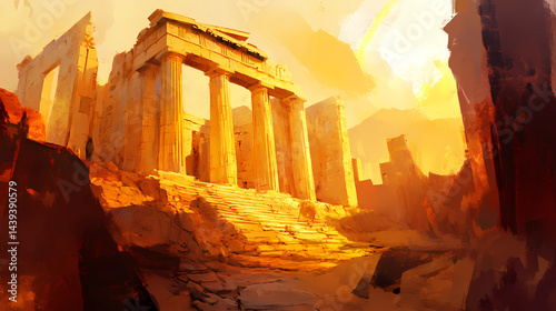 Acropolis of ancient ruins at golden hour 