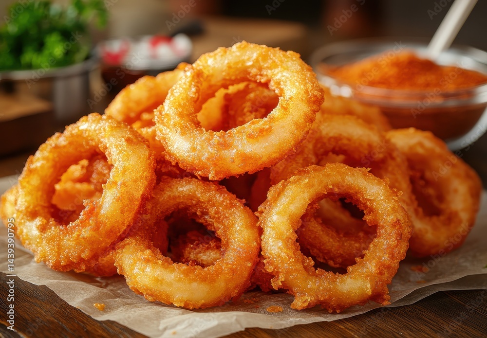 Crispy Golden Onion Rings Stacked Freshly Fried with Seasoned Spice in Restaurant Kitchen Setting for Delicious Appetizer or Snack
