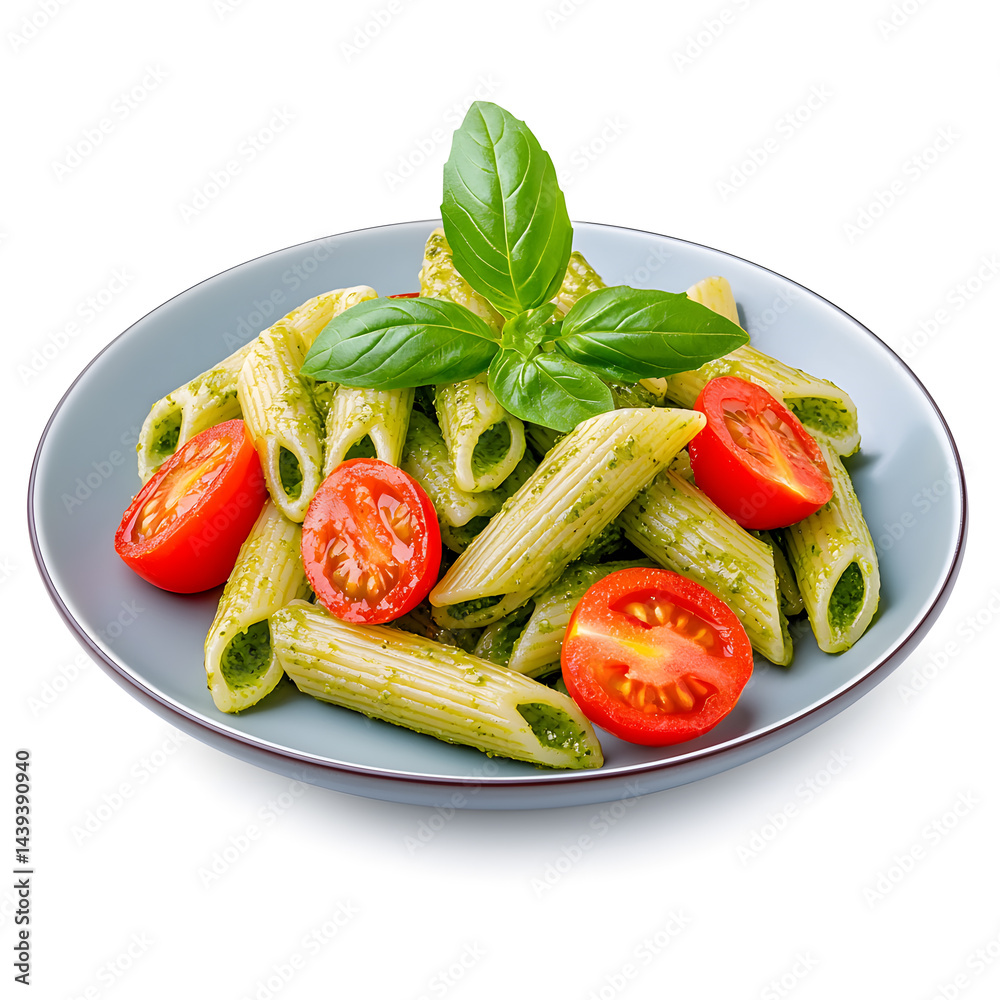Italian pasta al pesto on plate, isolated on white