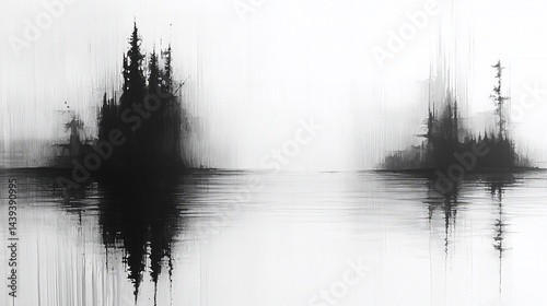 Monochromatic serenity  Lakeside forest silhouettes in grayscale reflection
