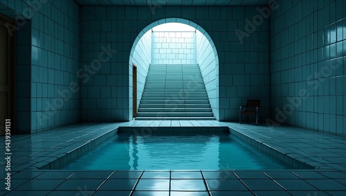 Interior of creepy space with tiled walls, pool area and staircase. Horror room, liminal space