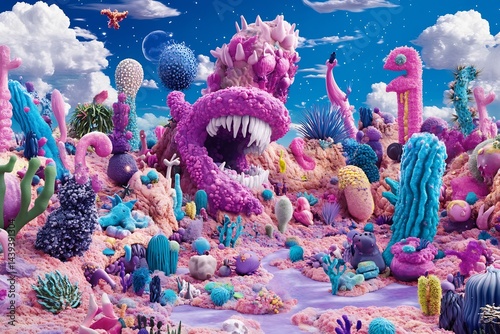 surreal microbiology vista showing bacteria as giant creatures in a glowing terrain of cells and plasma photo