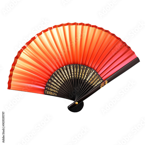 Elegant red and orange hand fan with intricate gold details on a transparent background Traditional Asian folding fan for dance  performance  or decoration