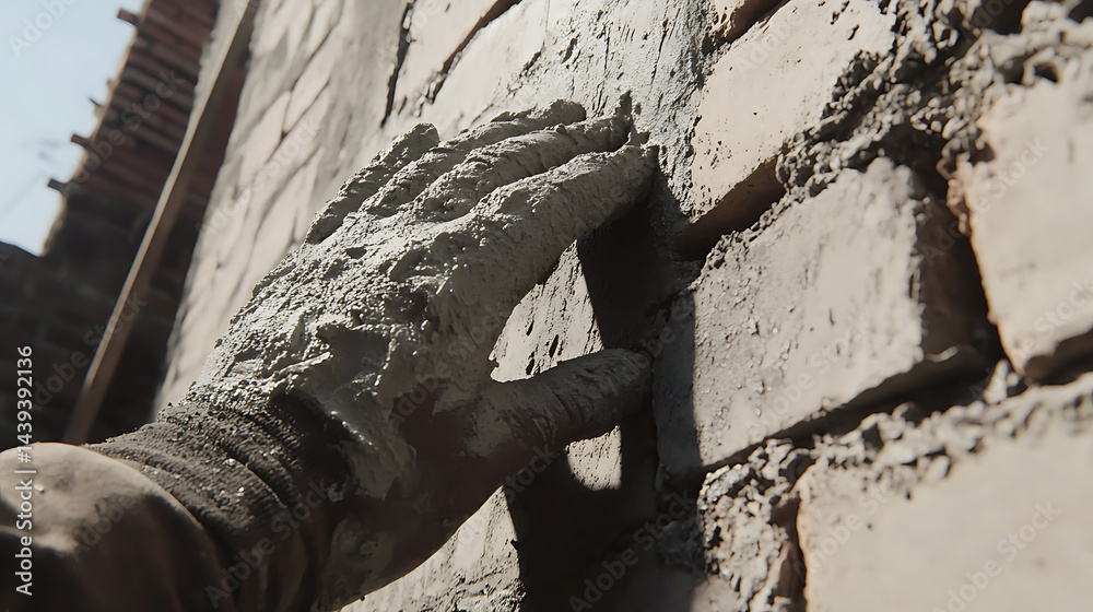 Fototapeta premium Construction Worker Applying Cement to Bricks