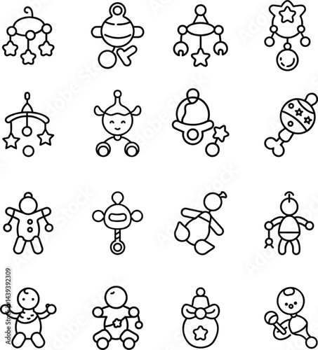 Baby Toys and Rattles Icon Set. Infant, Newborn, Nursery Line Art Collection
