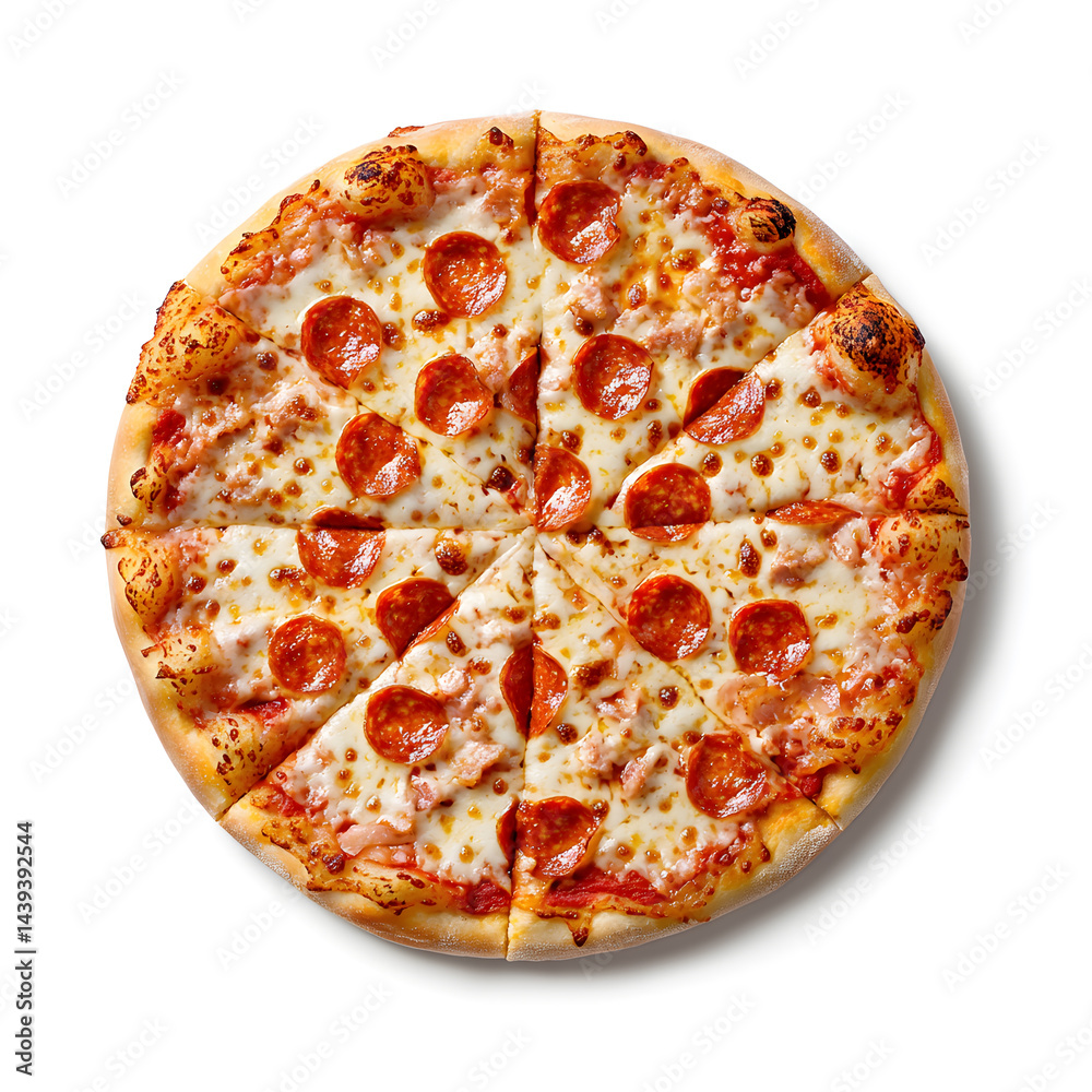 Pizza with basil and salami top view isolated on white