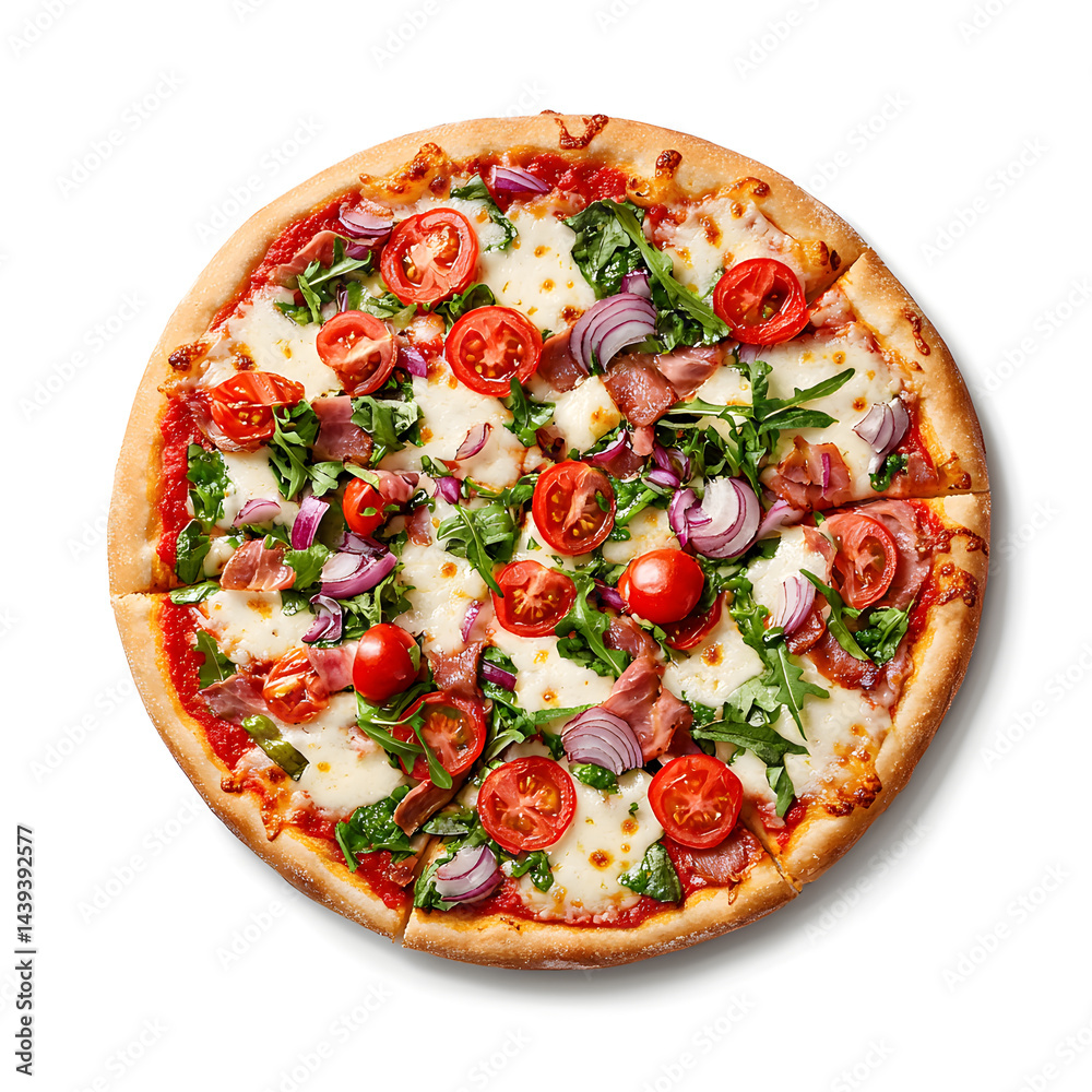 Pizza with basil and salami top view isolated on white