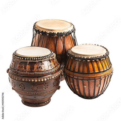 Three intricately carved wooden percussion drums, traditional musical instruments on a transparent background, showcasing cultural heritage and craftsmanship
