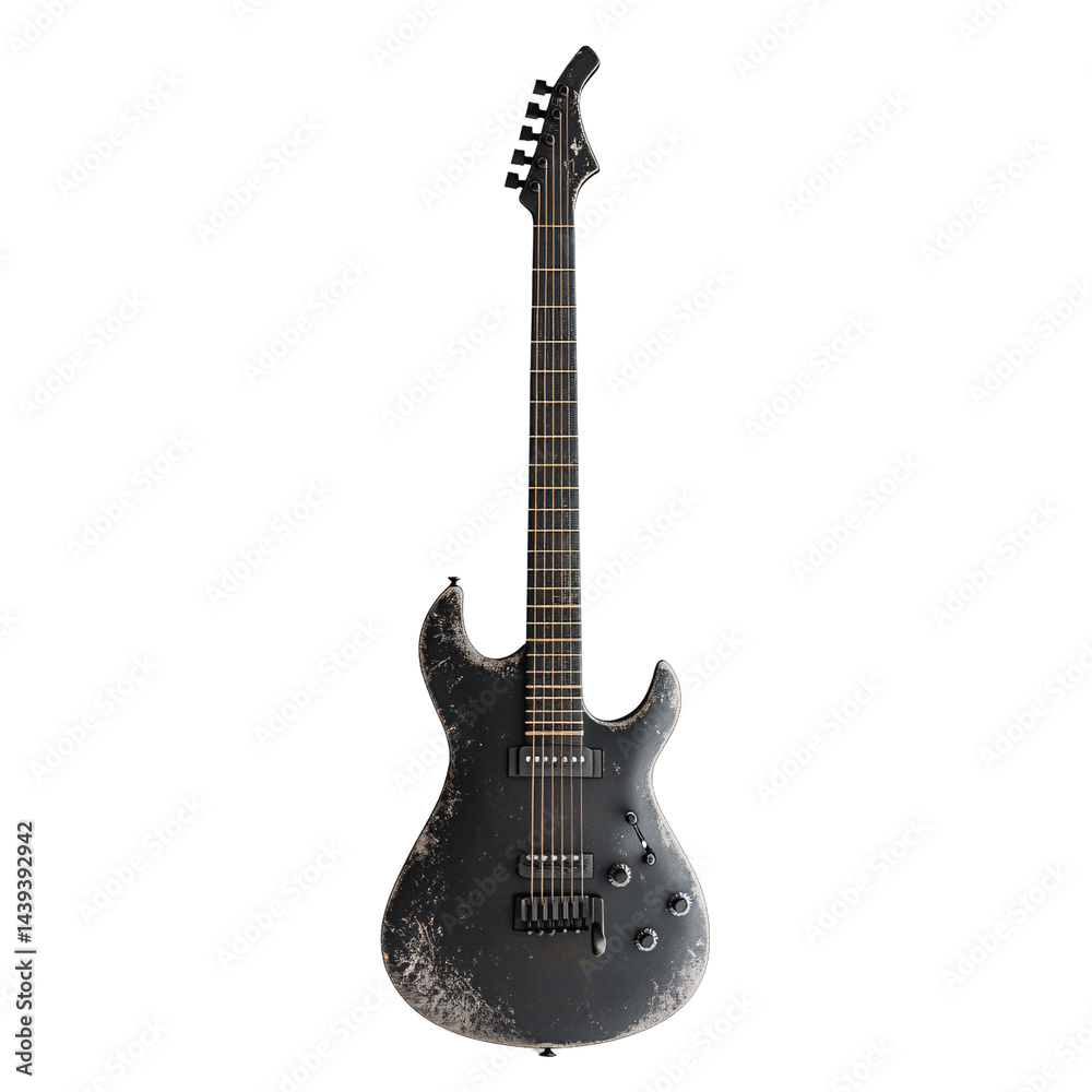 Obraz premium Distressed black electric guitar with grunge texture on a transparent background Concept of heavy metal music, rock performance, and vintage musical instrument
