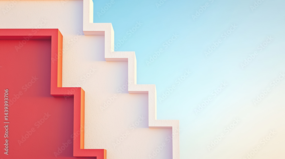 Fototapeta premium Modern architectural design features colorful steps against clear sky, creating vibrant and uplifting atmosphere