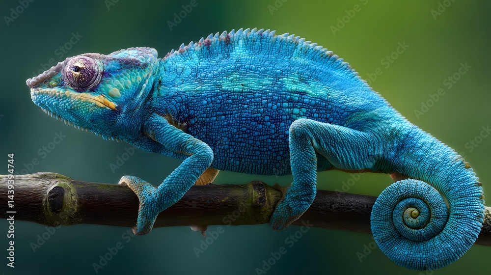 Fototapeta premium Vibrant Blue Panther Chameleon on Branch Closeup Photography