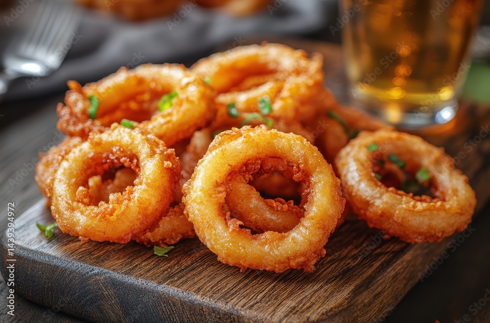 Crispy Onion Rings Served on Wooden Platter with Garnish and Cold Beverage in Background for Delicious Snack or Appetizer Concept