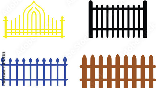Simple set of fence vector designs, wooden and metal fence for garden