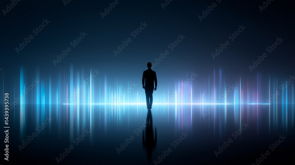 Silhouette of person in digital landscape with sound waves Silhouette of person in digital landscape with sound waves