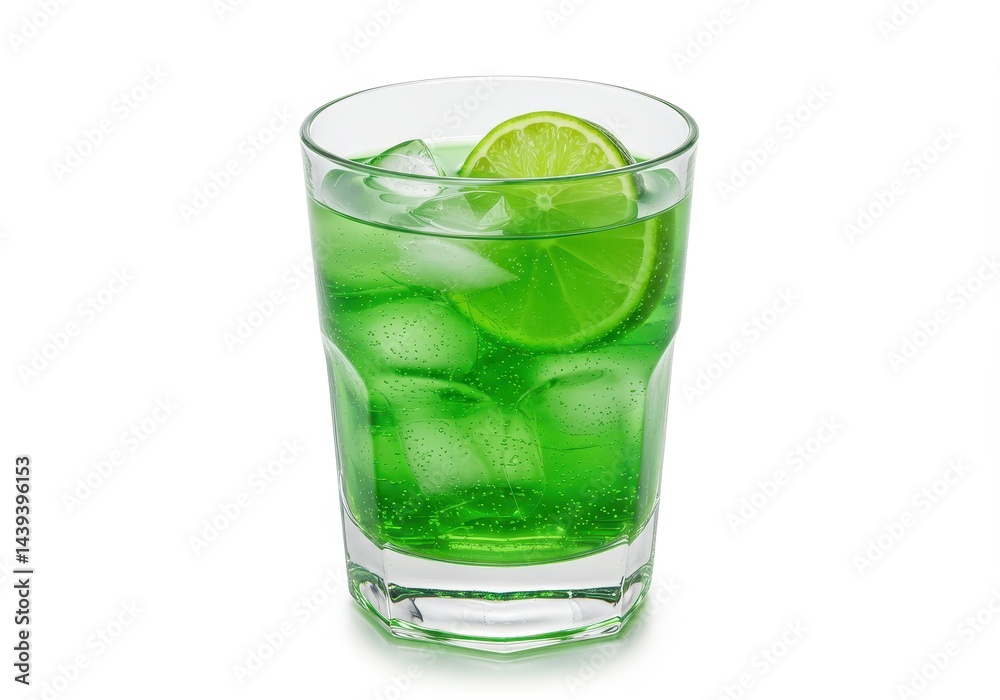 Refreshing green cocktail with ice cubes and a lime slice in a clear glass against a white background Refreshing green cocktail with ice cubes and a lime slice in a clear glass against a white background