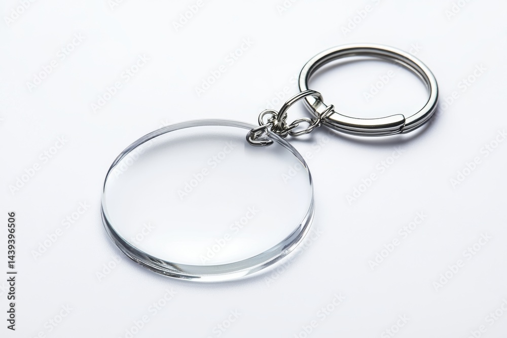 Clear round keychain with metal ring on white background Clear round keychain with metal ring on white background