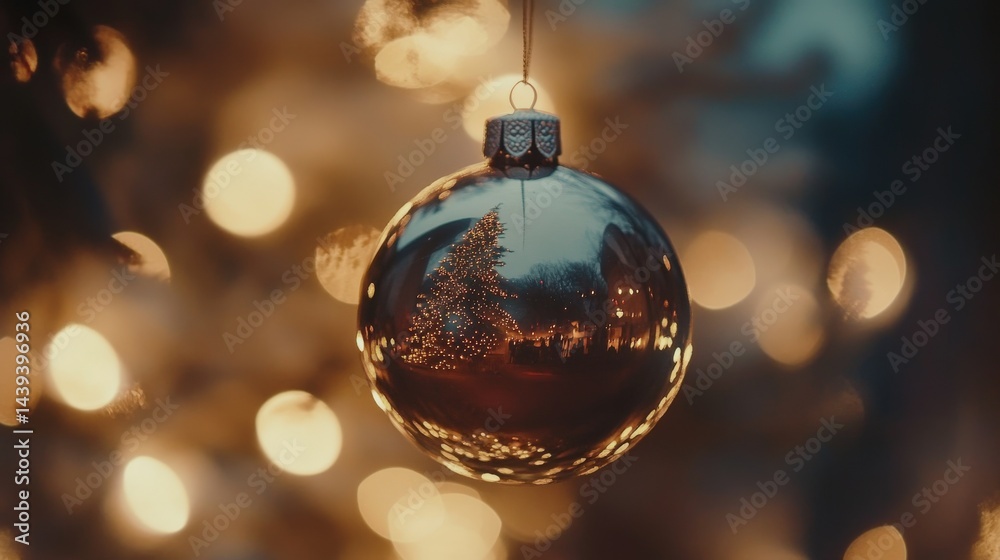 Obraz premium Reflected Christmas tree ornament, glowing softly.