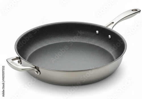 Stainless steel frying pan with a non-stick surface and a long handle rests on a white background
