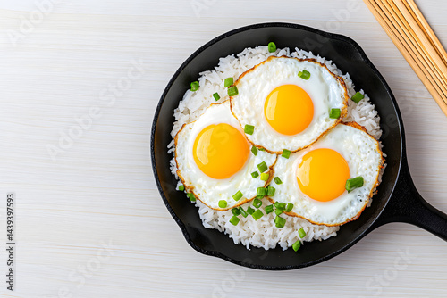 Top view frying pan with fried eggs with rice and chopped green onions 