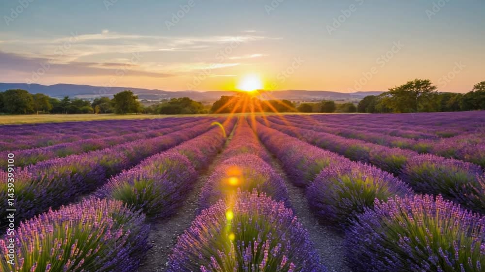 Lavender Field Blooming at Sunset Scenic Landscape View Lavender Field Blooming at Sunset Scenic Landscape View