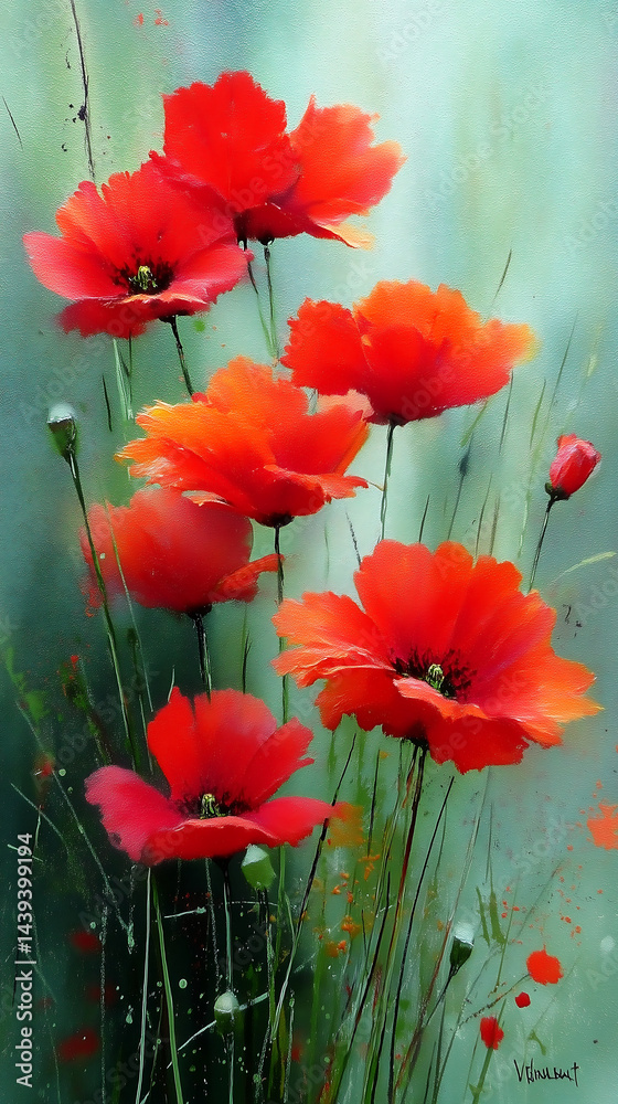 Fototapeta premium Vibrant Red Poppy Flower Painting, Summer Meadow Scene