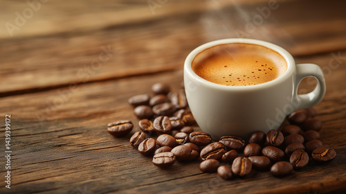 Aromatic coffee in a cup surrounded by roasted coffee beans on a rustic wooden surface, steam rising.