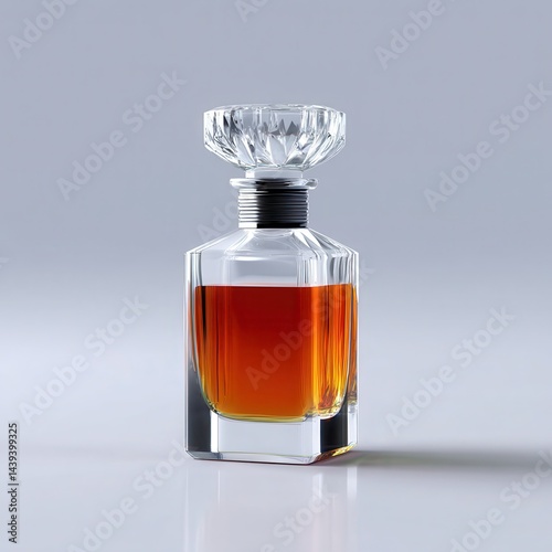 A crystal-clear glass perfume bottle with an orange liquid inside, the shape of which is reminiscent of an octagon and has sharp edges. The cap on top features intricate patterns.