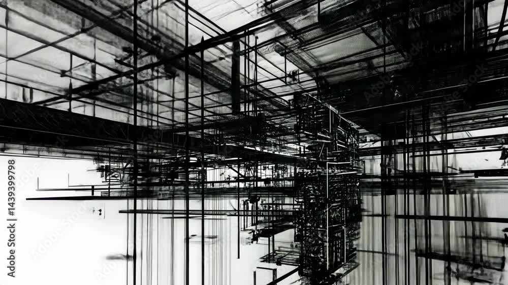 Futuristic abstract architecture: dynamic black and white line constructions