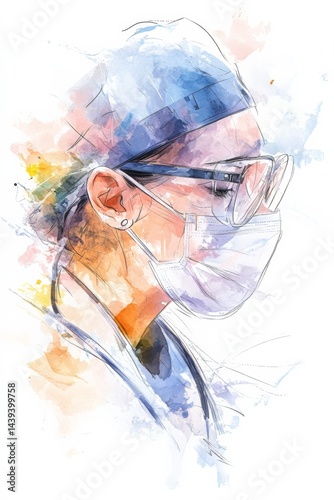 A Stunning Watercolor Artwork Depicting a Healthcare Professional Donning a Surgical Mask in a Creative Style