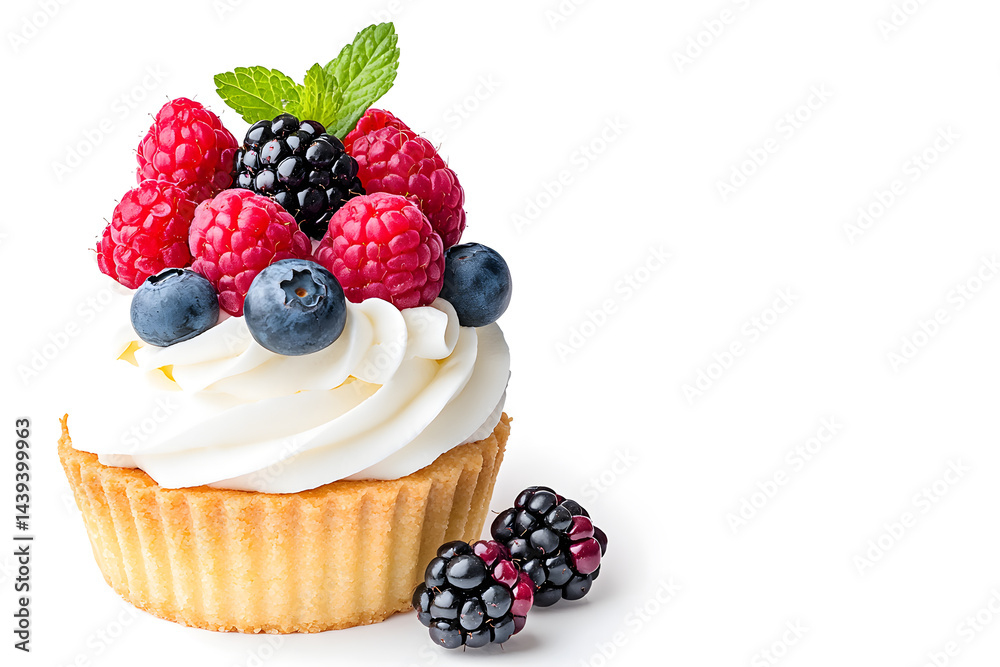 Fresh fruit tart topped with cream and fresh berries isolated on white background Fresh fruit tart topped with cream and fresh berries isolated on white background