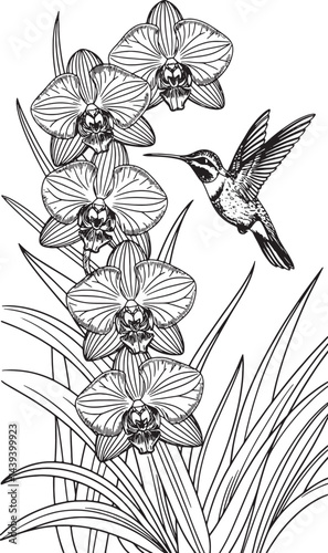 humming bird flying eating in nature silhouette line art