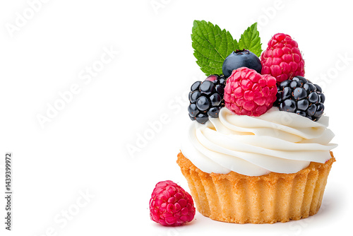 Fresh fruit tart topped with cream and fresh berries isolated on white background