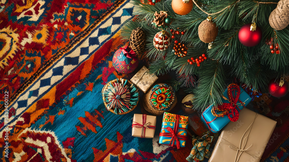 Fototapeta premium christmas, tree, gift, holiday, xmas, decoration, present, star, box, celebration, christmas tree, ball, winter, ornament, year, presents, new, illustration, pine, santa, ribbon, gifts, december, seas