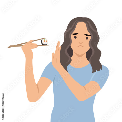 Woman with a hesitant expression holds sushi with chopsticks while signaling no with her hand. Flat vector illustration isolated on white background
