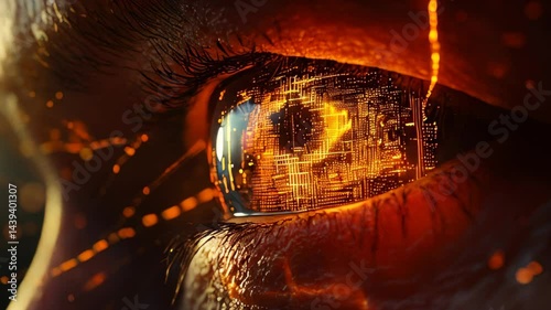 Close-up view of a futuristic eye displaying network patterns and vibrant colors in a digital landscape