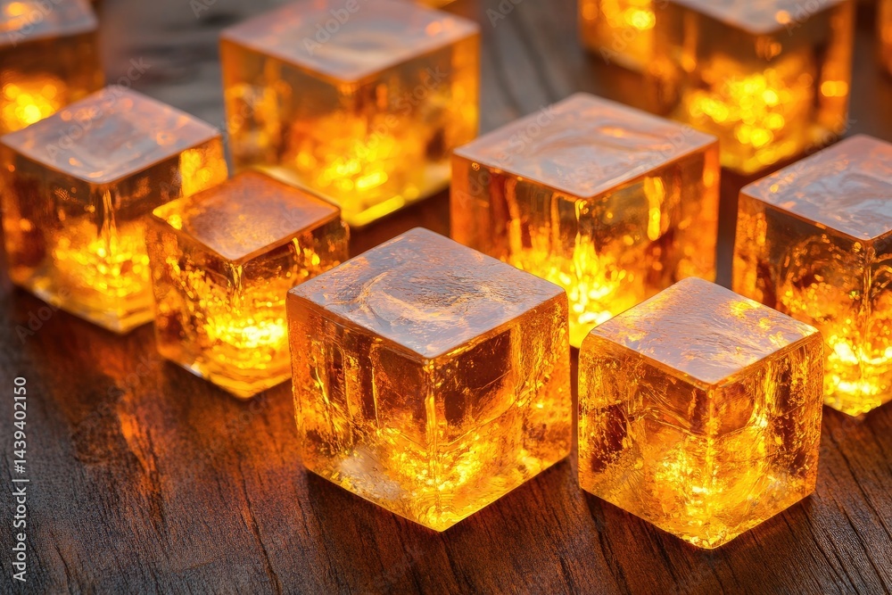 Amber cubes on wood, warm glow Amber cubes on wood, warm glow