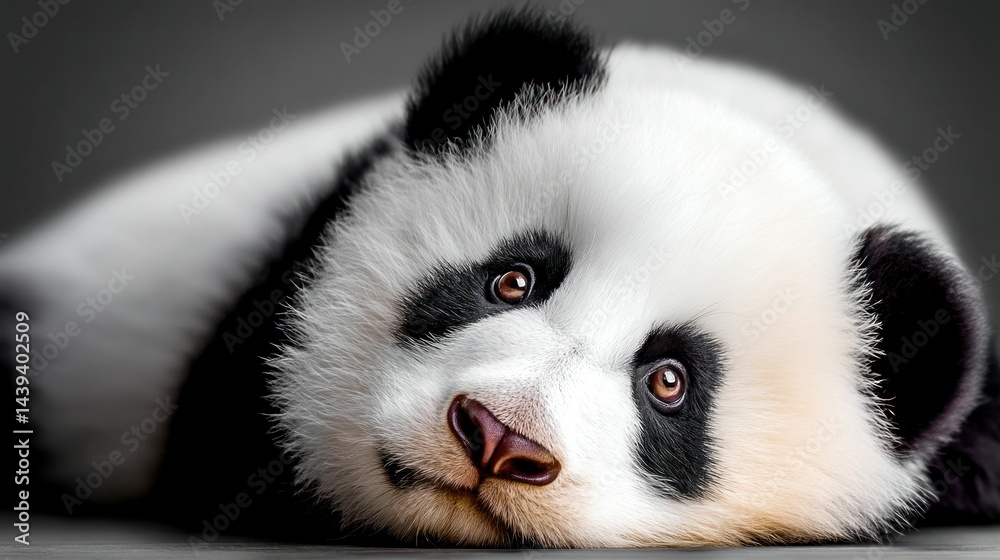 Fototapeta premium Adorable Young Panda Face with Soft Fur and Expressive Eyes Laying on Surface in Natural Light
