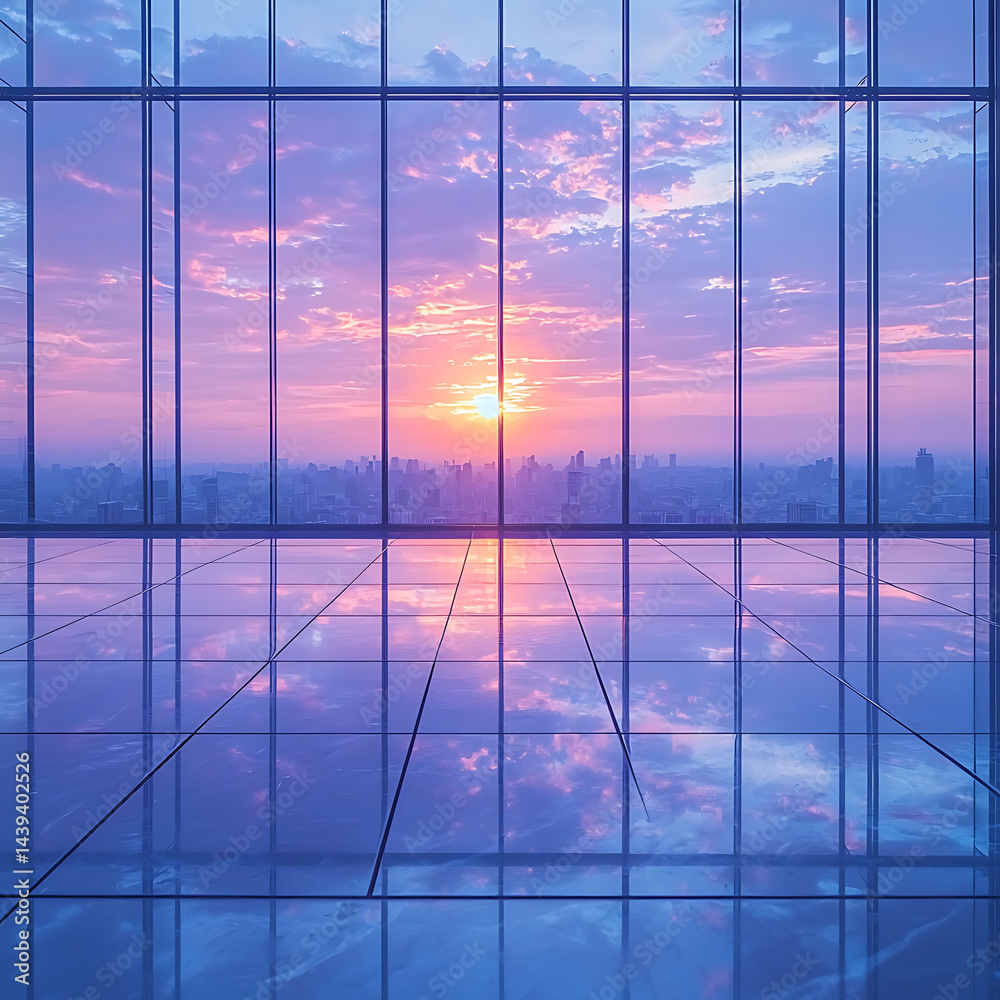 Obraz premium Stunning sunset cityscape viewed from a modern, sleek office space. The image evokes success, opportunity, and a bright future.