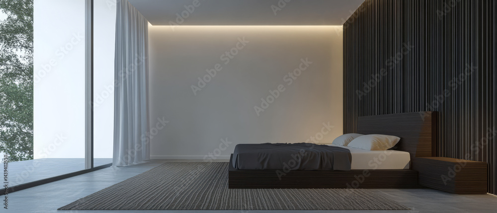 Fototapeta premium Modern minimalist bedroom design with large windows and natural lighting in the evening