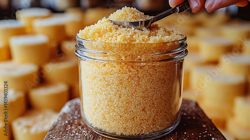 Closeup of a glass jar filled with coarse, goldenhued sugar crystals. photo