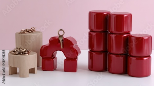 Contemporary Red Decorative Objects on Minimalist Surface with Soft Pink Background for Modern Interior Design